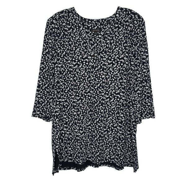 J Jill Wearever Ditsy Floral Top L Petite Navy Blue White 3/4 Sleeve Tunic - Picture 1 of 6